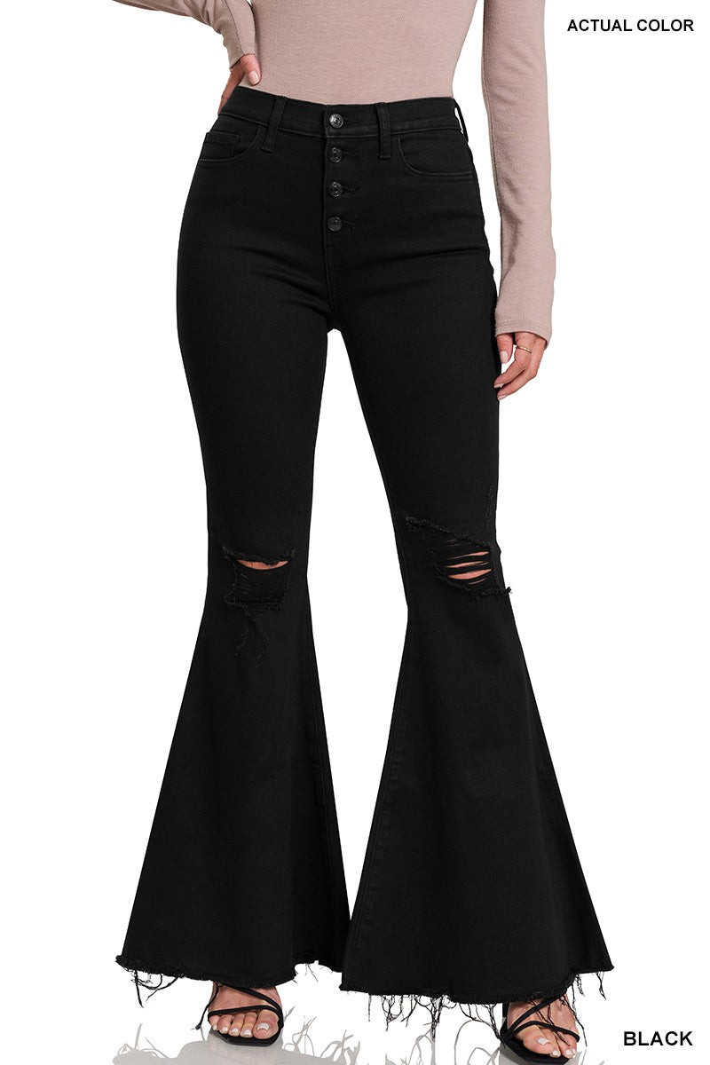 DISTRESSED HIGH RISE BELL BOTTOM BLACK JEANS