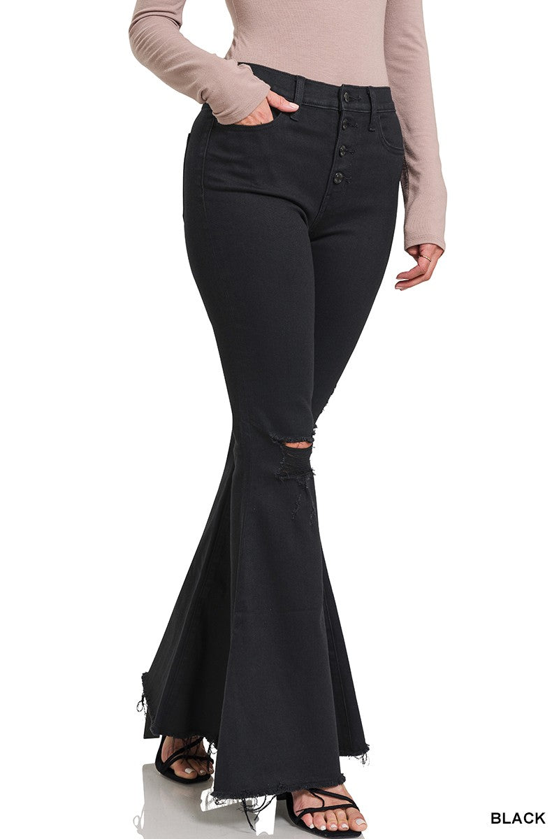 DISTRESSED HIGH RISE BELL BOTTOM BLACK JEANS