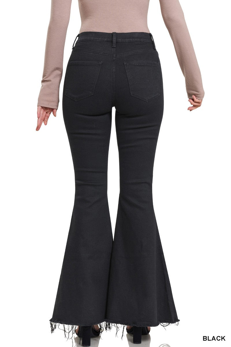 DISTRESSED HIGH RISE BELL BOTTOM BLACK JEANS