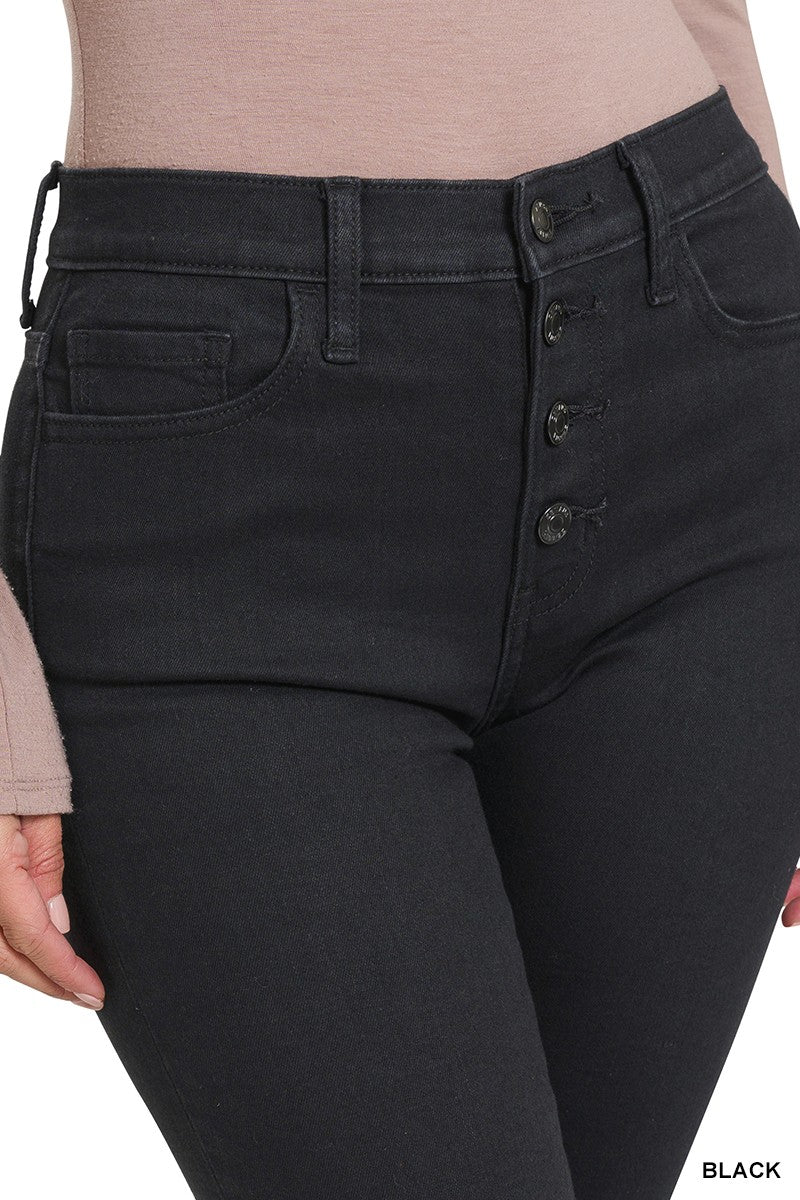 DISTRESSED HIGH RISE BELL BOTTOM BLACK JEANS