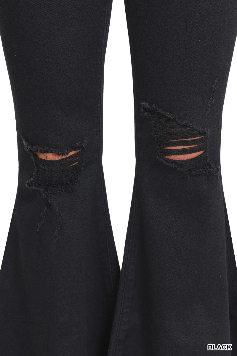 DISTRESSED HIGH RISE BELL BOTTOM BLACK JEANS