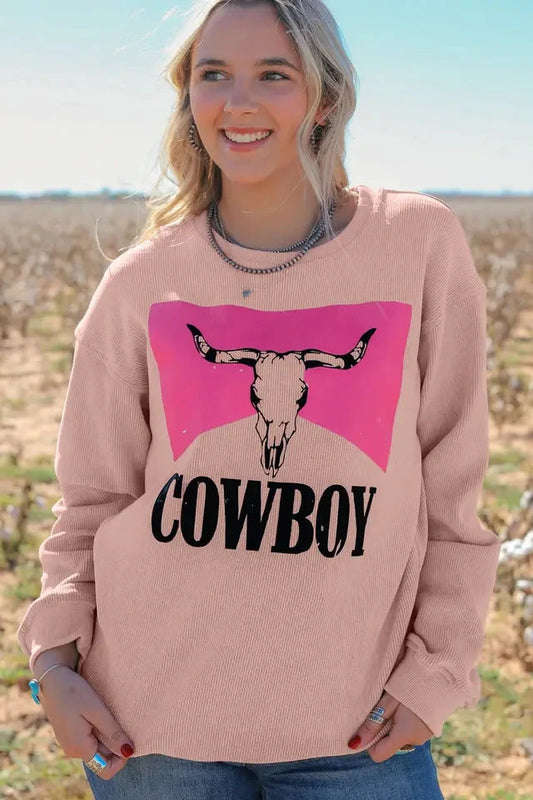 Pink Steer Head Cowboy Print Corded Pullover Sweatshirt