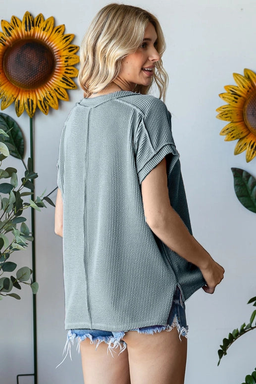 Solid Ribbed Tunic V Neck T-Shirt