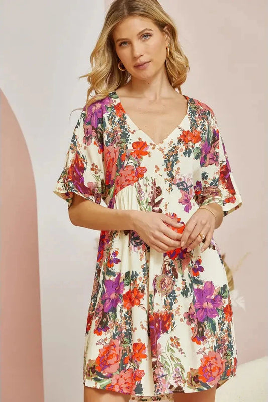 Floral V Neck Mini Dress