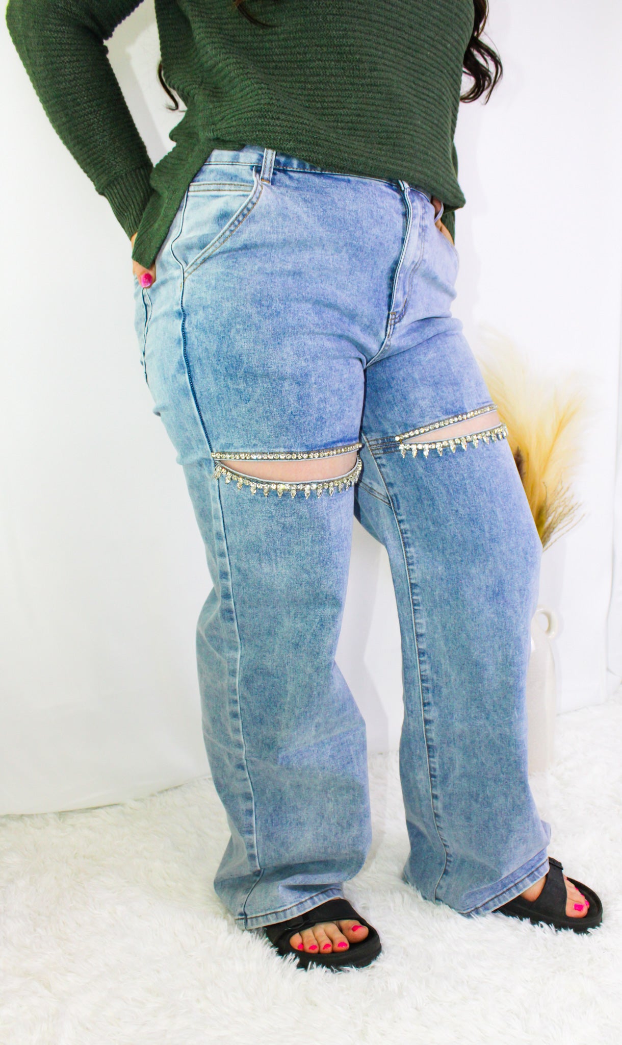 Rhinestone Washed Cut Out Front Denim Jeans