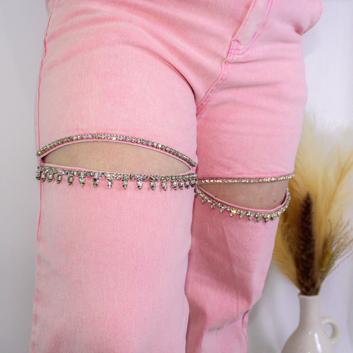 Pink Rhinestone Washed Cut Out Front Denim Jeans