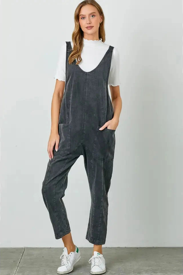 Washed Scoop Neck Overall Romper