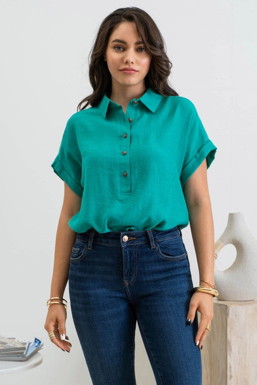 Mid Button Down Cuffed Short Sleeve Top