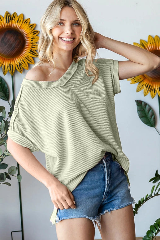 Solid Ribbed Tunic V Neck T-Shirt