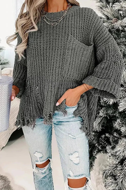 Gray Ripped Raw Hem Chunky Pullover Sweater